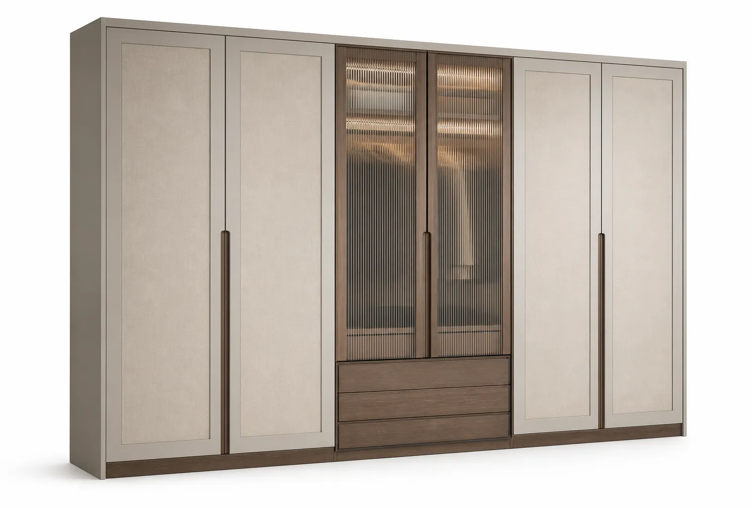 Fadior Elementum Wardrobe Suite with Reeded Glass Valet Arcade — 304 stainless steel wardrobe system, front view