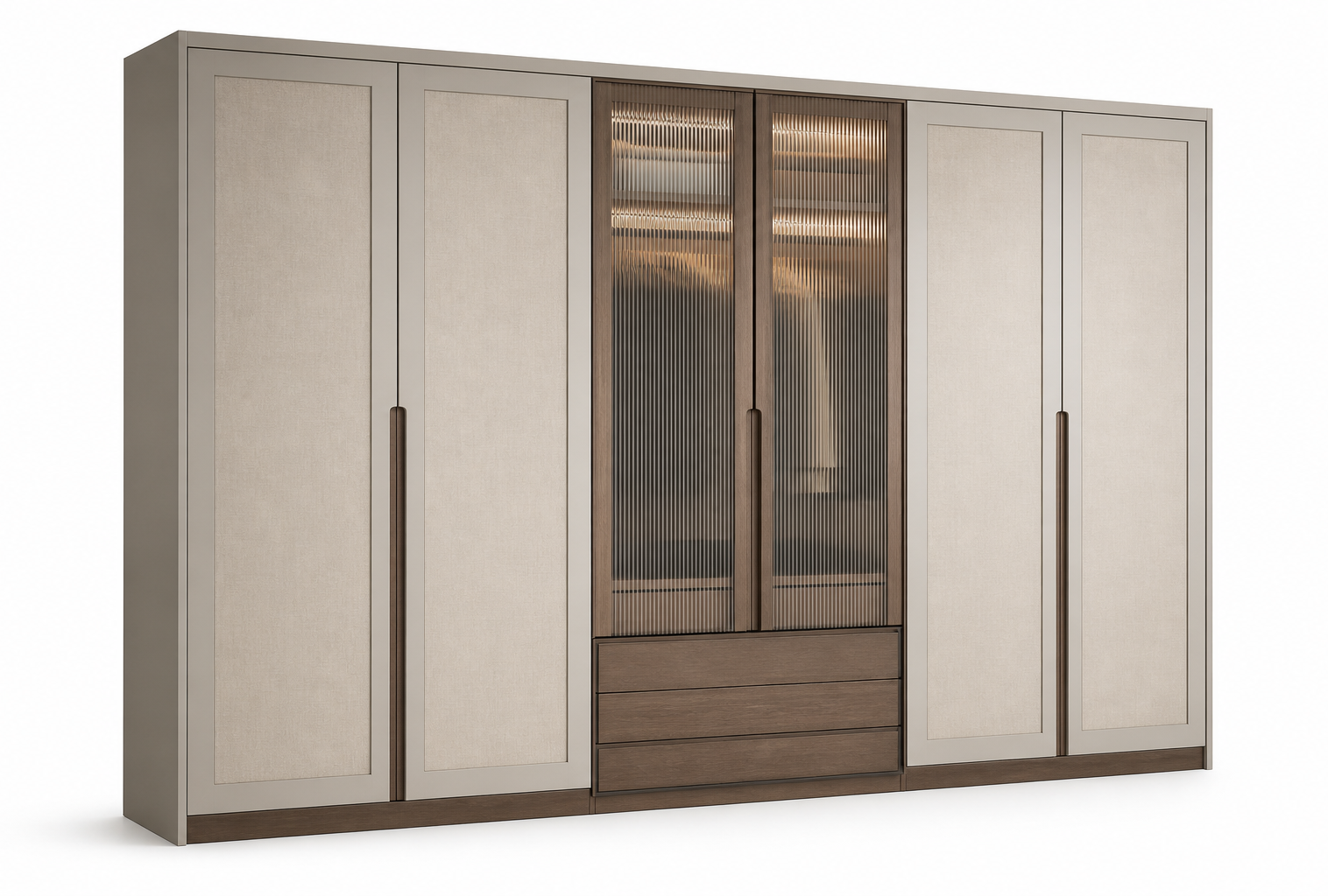 Fadior Elementum Wardrobe Suite with Reeded Glass Valet Arcade — 304 stainless steel wardrobe system, front view