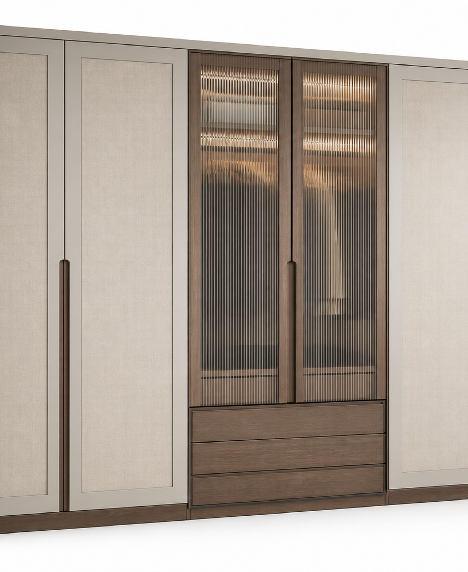 Fadior Elementum Wardrobe Suite with Reeded Glass Valet Arcade — 304 stainless steel wardrobe system, front view