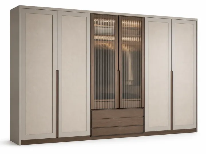 Fadior Elementum Wardrobe Suite with Reeded Glass Valet Arcade — 304 stainless steel wardrobe system, front view