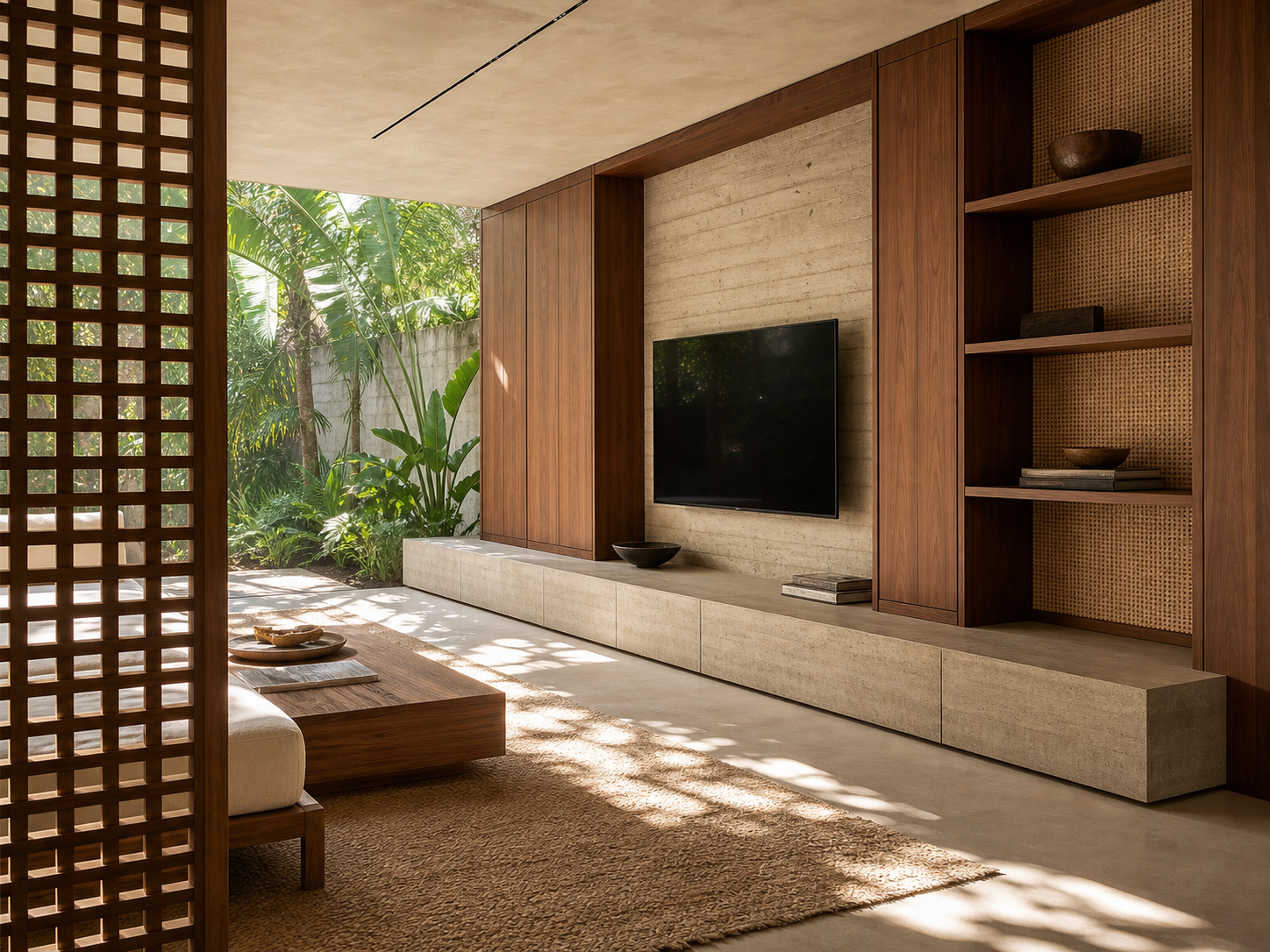 Fadior Zenith Living Room Suite with Concrete Cane Media Plinth — interior room context showing cabinet integration