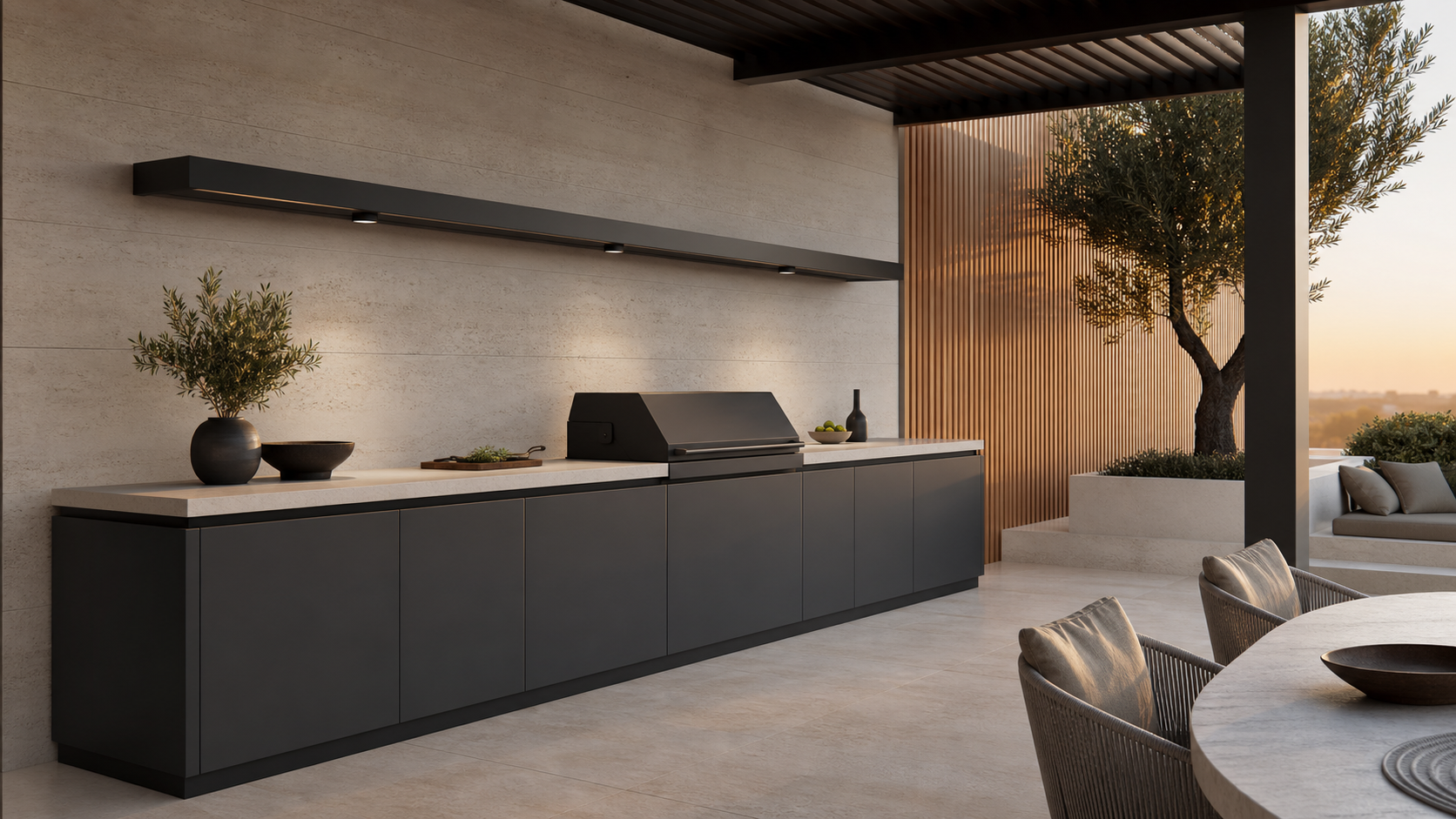 Fadior Vantage Outdoor Kitchen Suite with Shaded Galley Grill Rail — lifestyle setting with natural light and residential