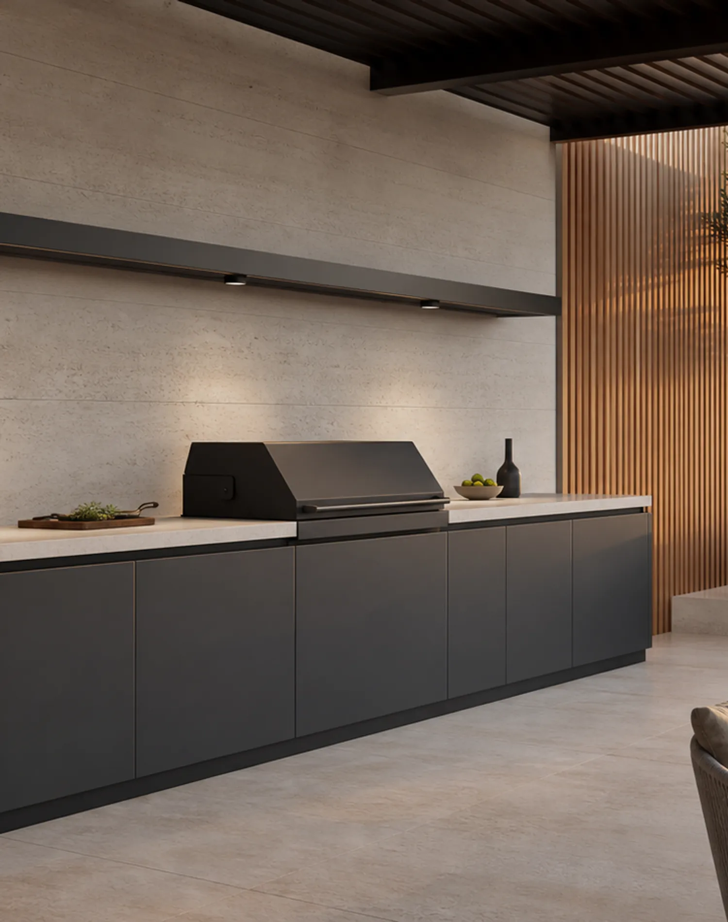Fadior Vantage Outdoor Kitchen Suite with Shaded Galley Grill Rail — lifestyle setting with natural light and residential