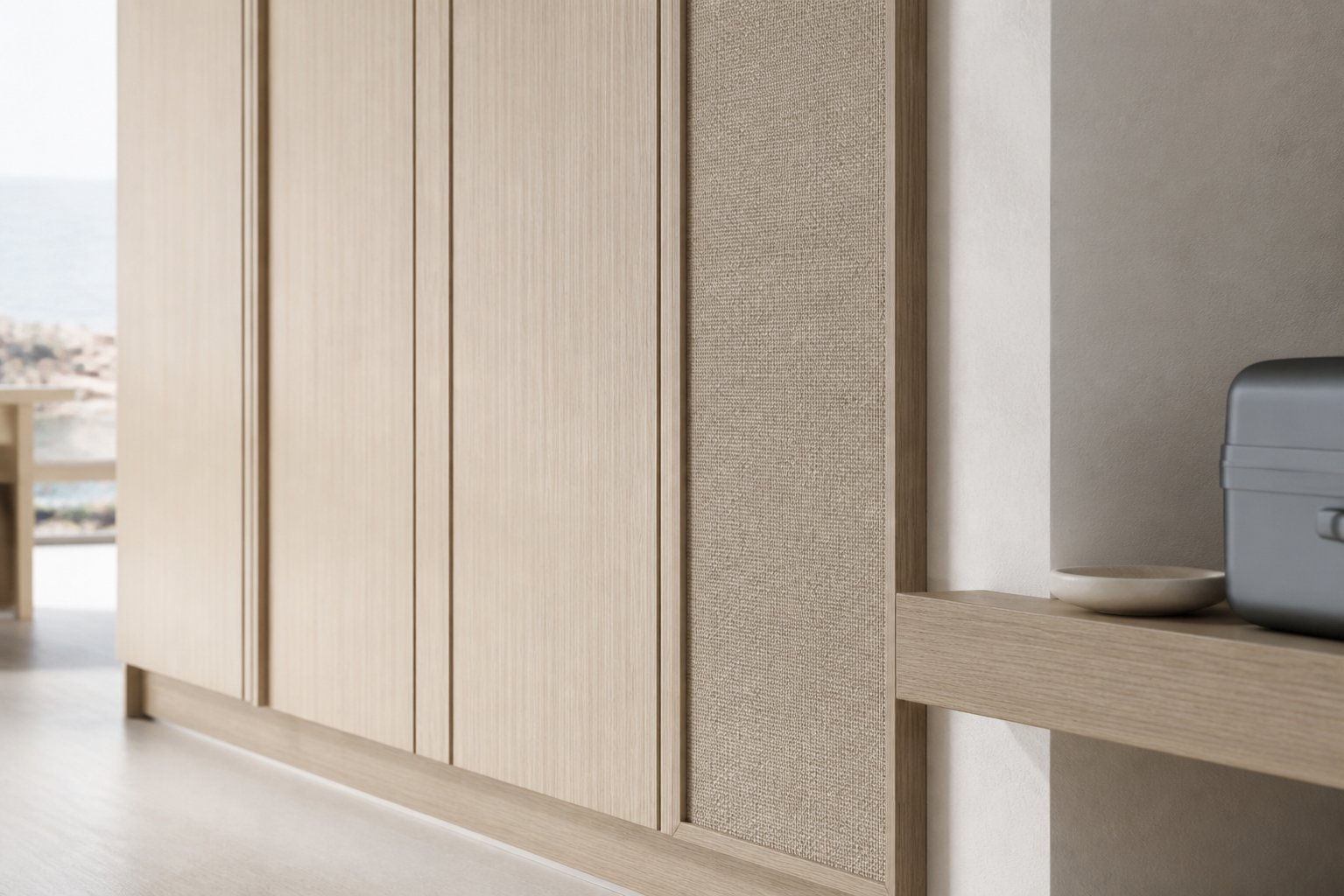 Fadior Canopy Wardrobe Suite with Floating Luggage Valet Wall — close-up of stainless steel finish and hardware detail