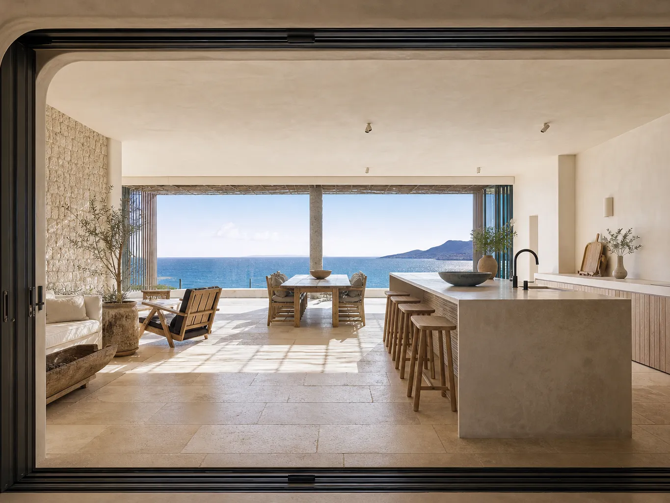 Fadior Cape Town 220 sqm Kitchen Bath Penthouse — Cape Town kitchen island with limestone wall, travertine floor,