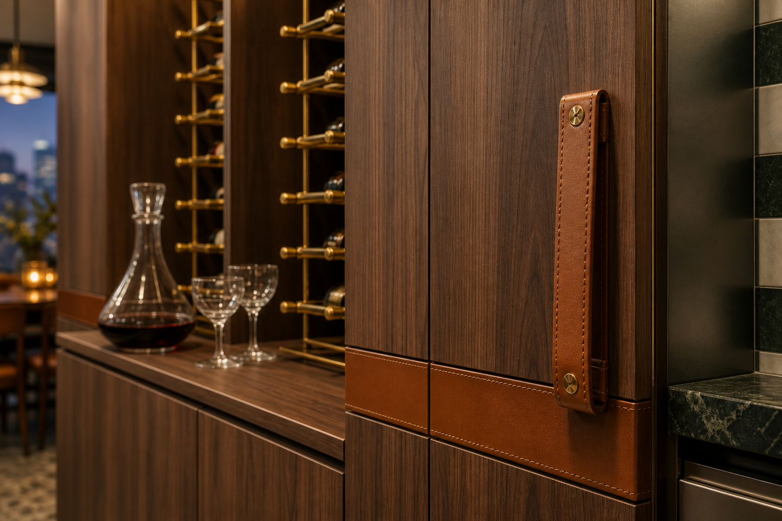Fadior Estuary Wine Cabinet Suite with Cold-Finished Tasting Spine — close-up of stainless steel finish and hardware detail