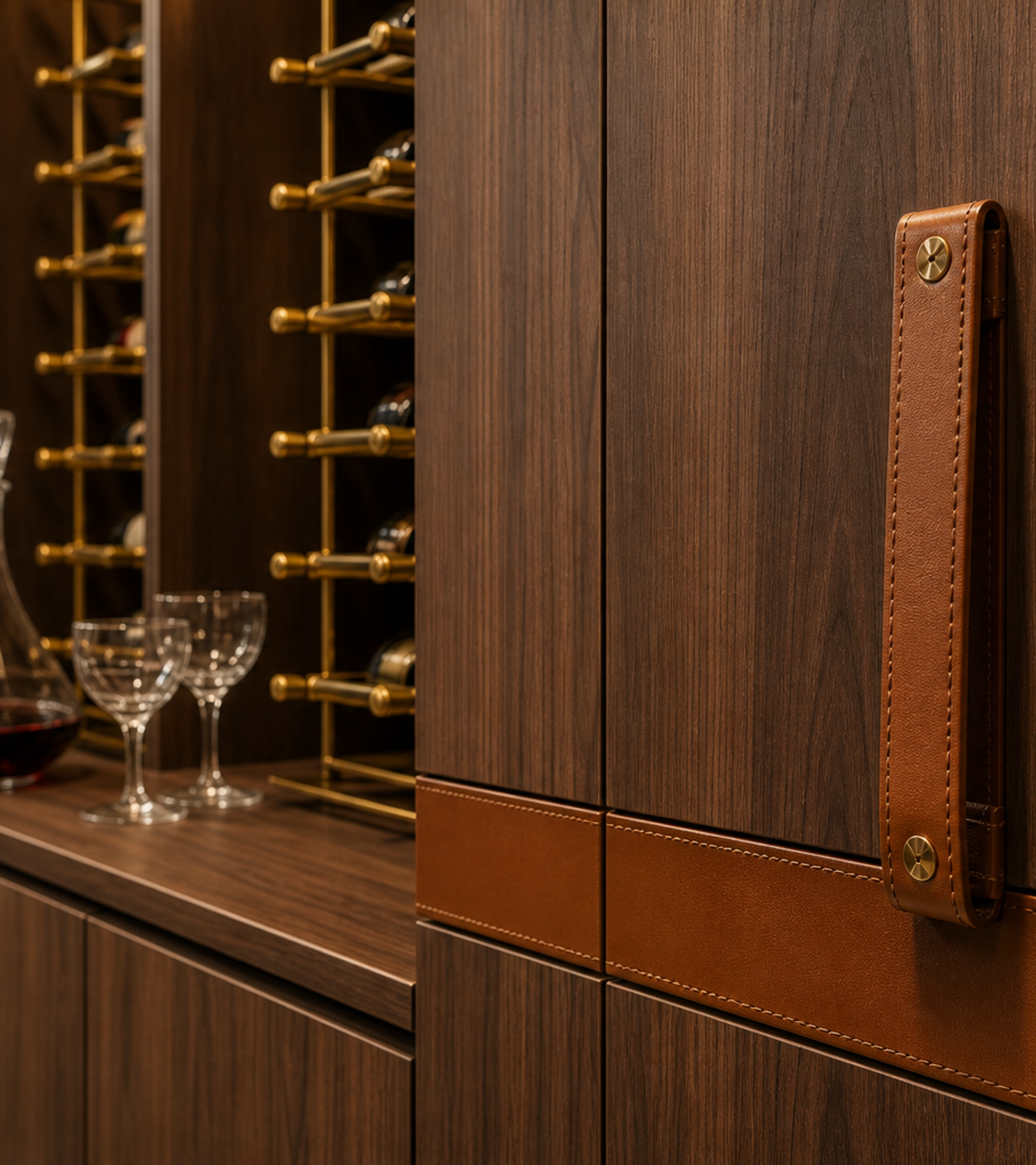 Fadior Estuary Wine Cabinet Suite with Cold-Finished Tasting Spine — close-up of stainless steel finish and hardware detail