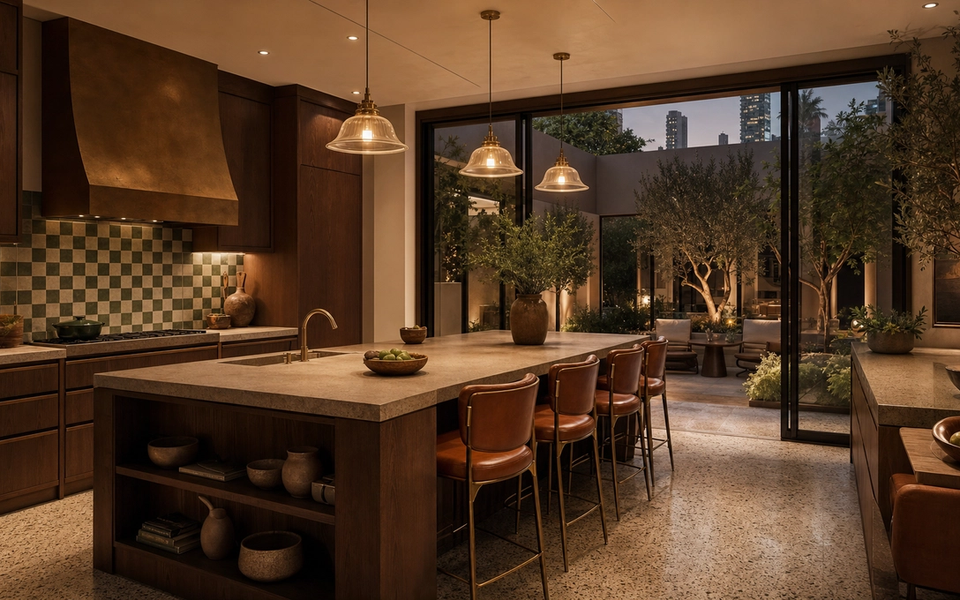 Fadior Riyadh Garden Courtyard Villa — island, courtyard window, walnut cabinet wall, terrazzo floor — 304 stainless steel cabinetry installation by Fadior