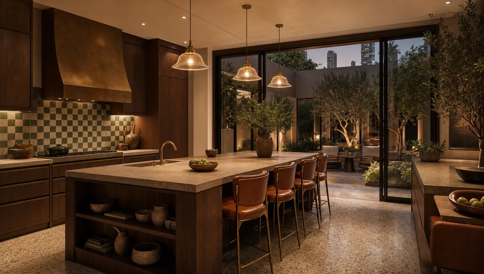 Fadior Riyadh Garden Courtyard Villa — island, courtyard window, walnut cabinet wall, terrazzo floor