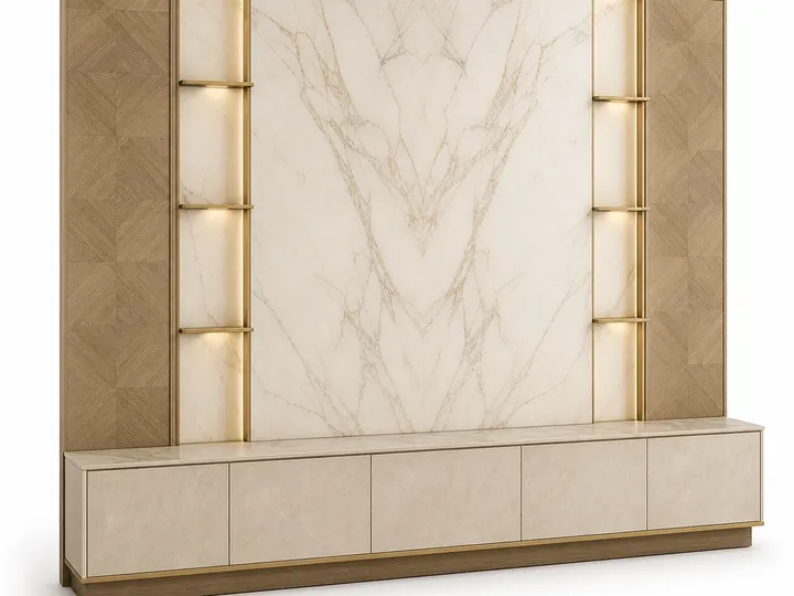 Fadior Veneto Living Room Suite with Shadowline Gallery Console — 304 stainless steel living room system, front view