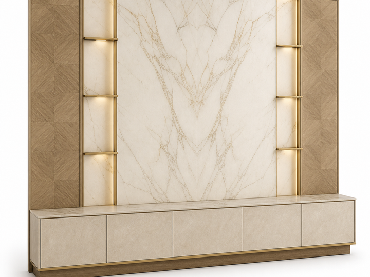 Fadior Veneto Living Room Suite with Shadowline Gallery Console — 304 stainless steel living room system, front view