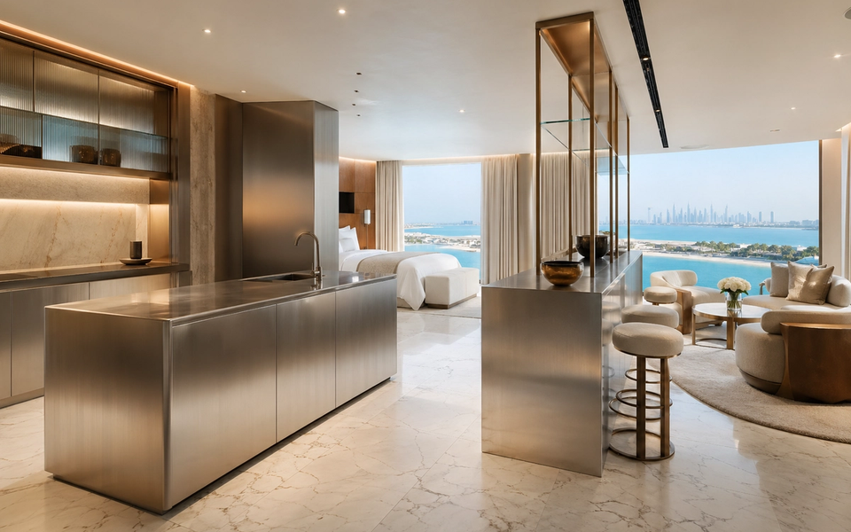 Fadior Dubai Boutique Suite Hotel — stainless island, marble floor, ocean window, bronze shelving