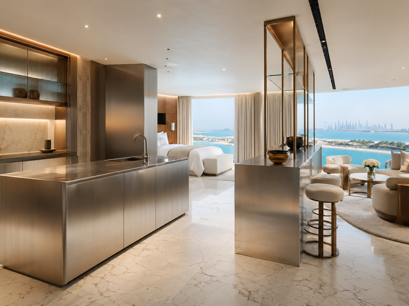 Fadior Dubai Boutique Suite Hotel — stainless island, marble floor, ocean window, bronze shelving