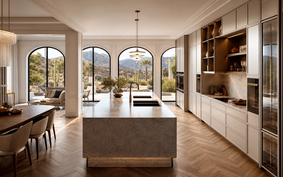 Fadior Las Vegas 200 sqm Kitchen Villa - marble island, cabinet wall, arched window, herringbone floor — 304 stainless steel cabinetry installation by Fadior