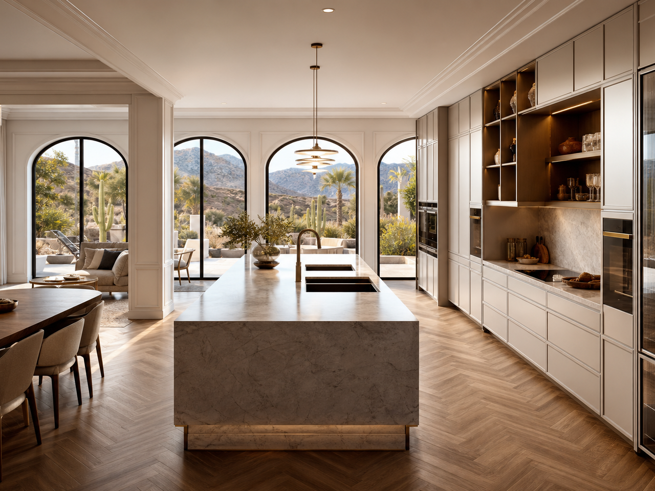 Fadior Las Vegas 200 sqm Kitchen Villa - marble island, cabinet wall, arched window, herringbone floor — 304 stainless steel cabinetry installation by Fadior
