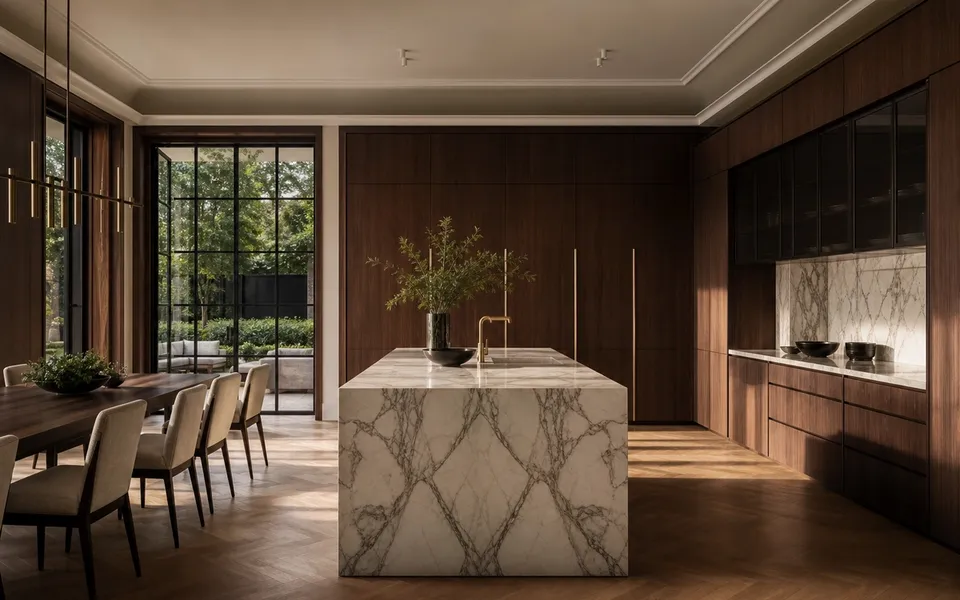 Fadior Milan 650 sqm Kitchen Villa — marble island, walnut cabinet, oak parquet, glass garden door, dining chairs — 304 stainless steel cabinetry installation by Fadior
