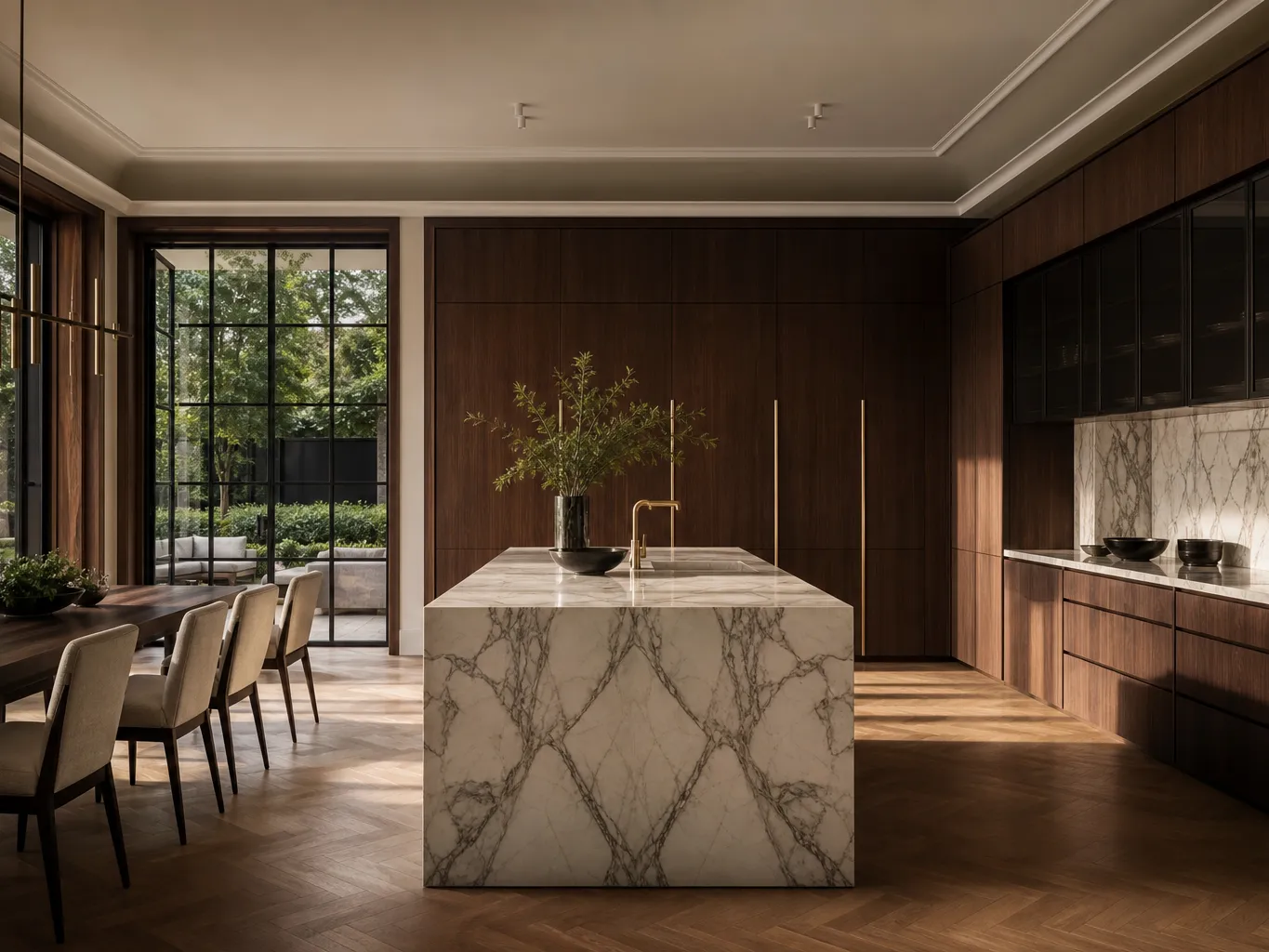 Fadior Milan 650 sqm Kitchen Villa — marble island, walnut cabinet, oak parquet, glass garden door, dining chairs