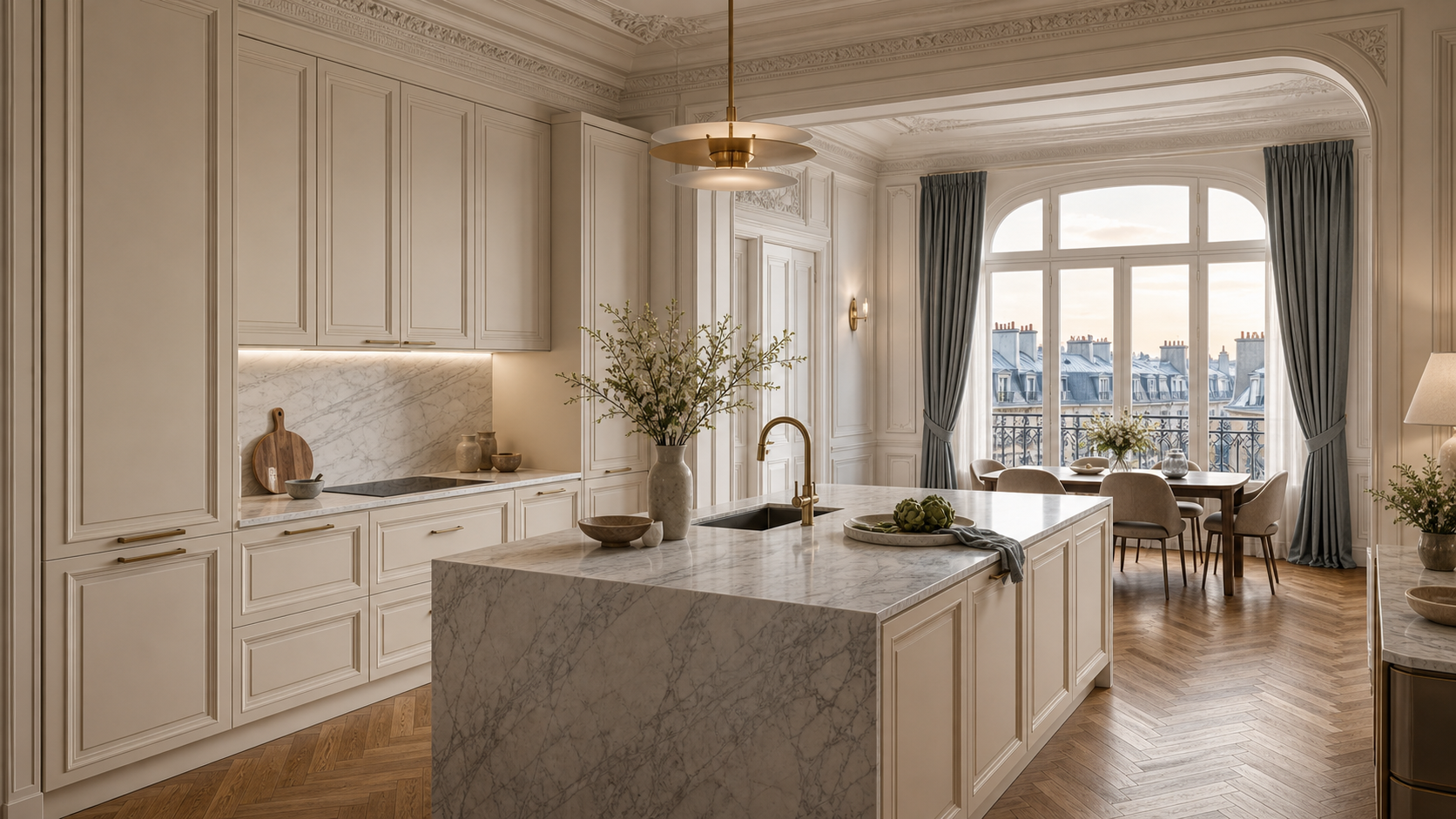 Fadior Meridian Cabinets Kitchen Suite with Courtyard Prep Spine — lifestyle setting with natural light and residential styling