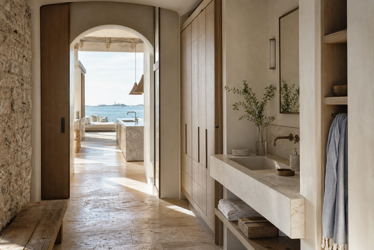 Fadior Venice 350 sqm Kitchen Villa — Venice villa vanity corridor with marble basin, olive wood storage, towel shelves,