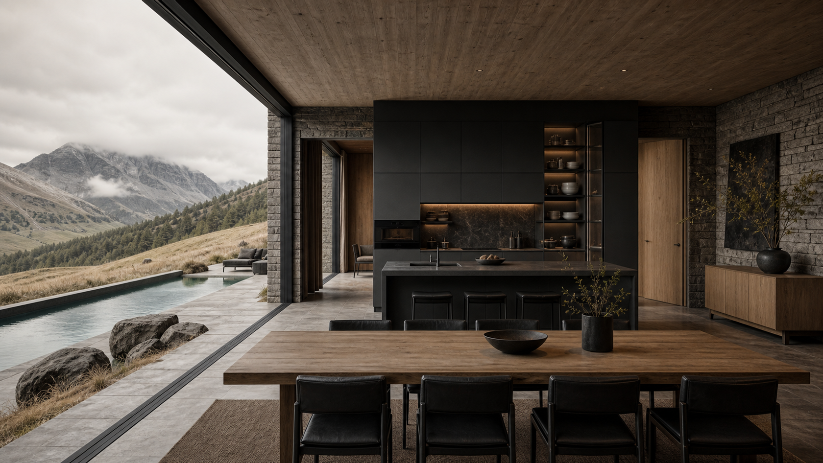 Modular kitchen and dining room connected to terrace living in a retreat home.