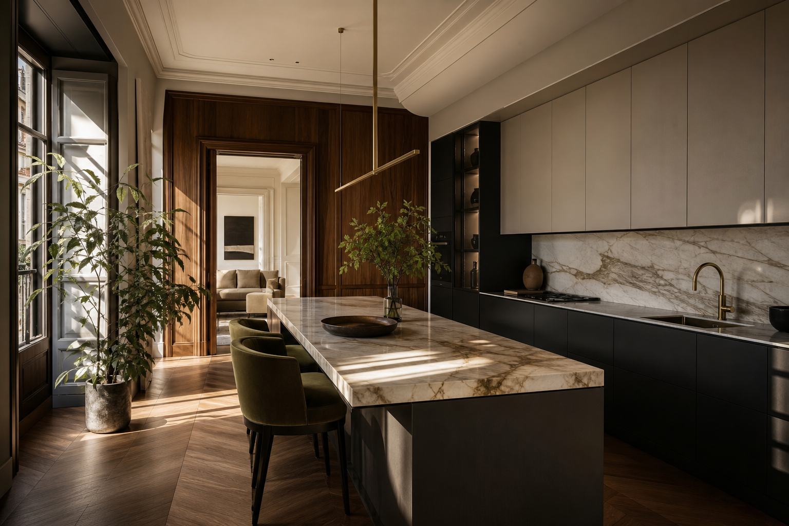 Fadior Milan 120 sqm Kitchen Penthouse — Kitchen workspace with marble countertop, black cabinetry, sink tap, plant, window, and parquet floor