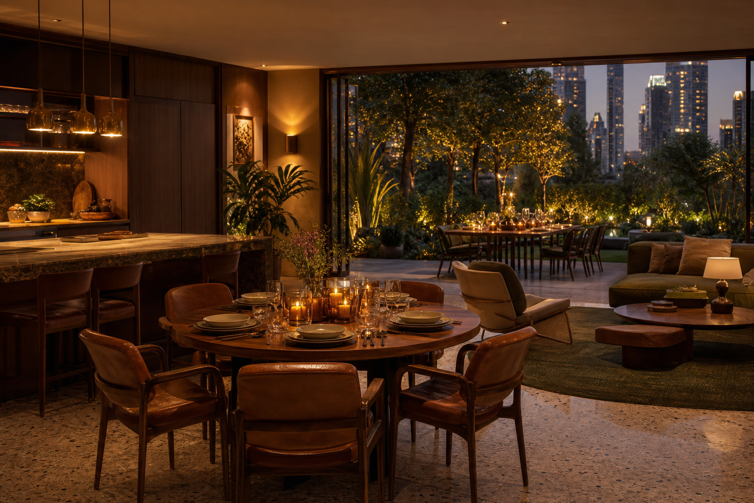 Fadior Kuwait City 85 sqm Kitchen Villa — Kuwait City dining lounge with kitchen island, walnut wall, terrace window,