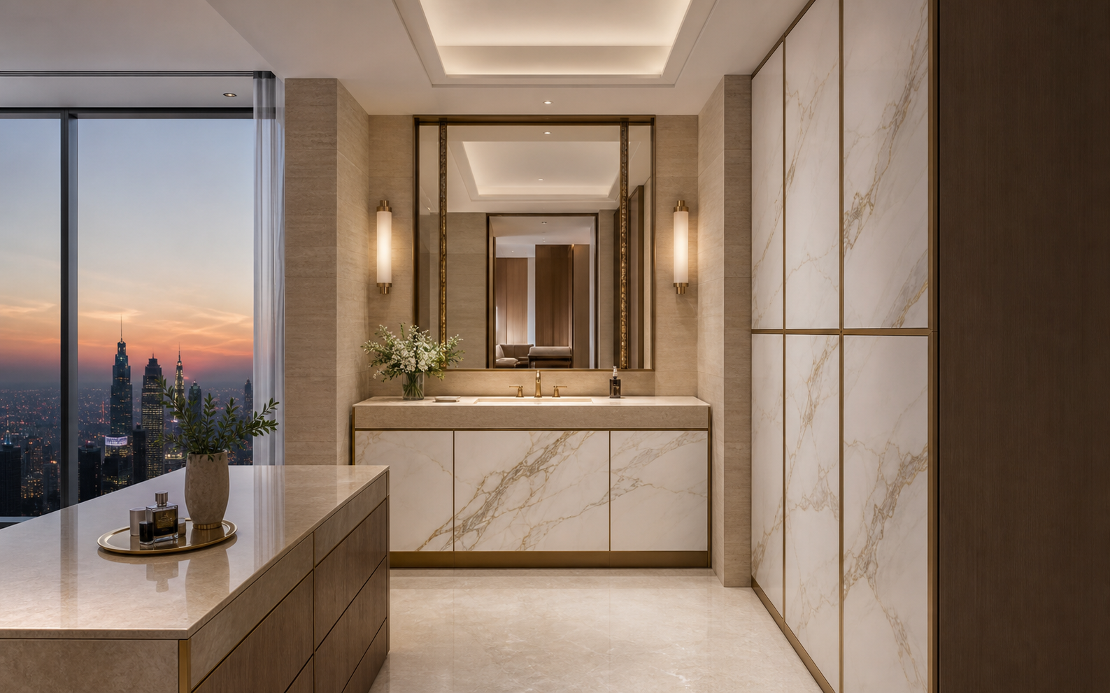Fadior Nacre Bath and Vanity Suite with Sculpted Basin Side Return — interior room context showing cabinet integration