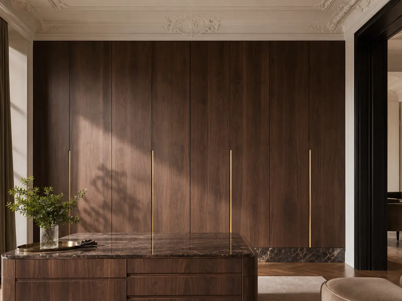 Fadior Resonance Wardrobe Suite with Scaled Finish Assurance Wall - custom 304 stainless steel wardrobe or walk-in closet with lighting, hanging, drawer storage, and residential finishes