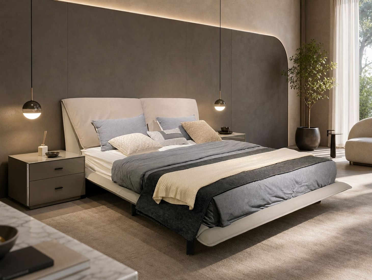 Upholstered Bed (Nappa leather) styled in a FADIOR HOME interior setting