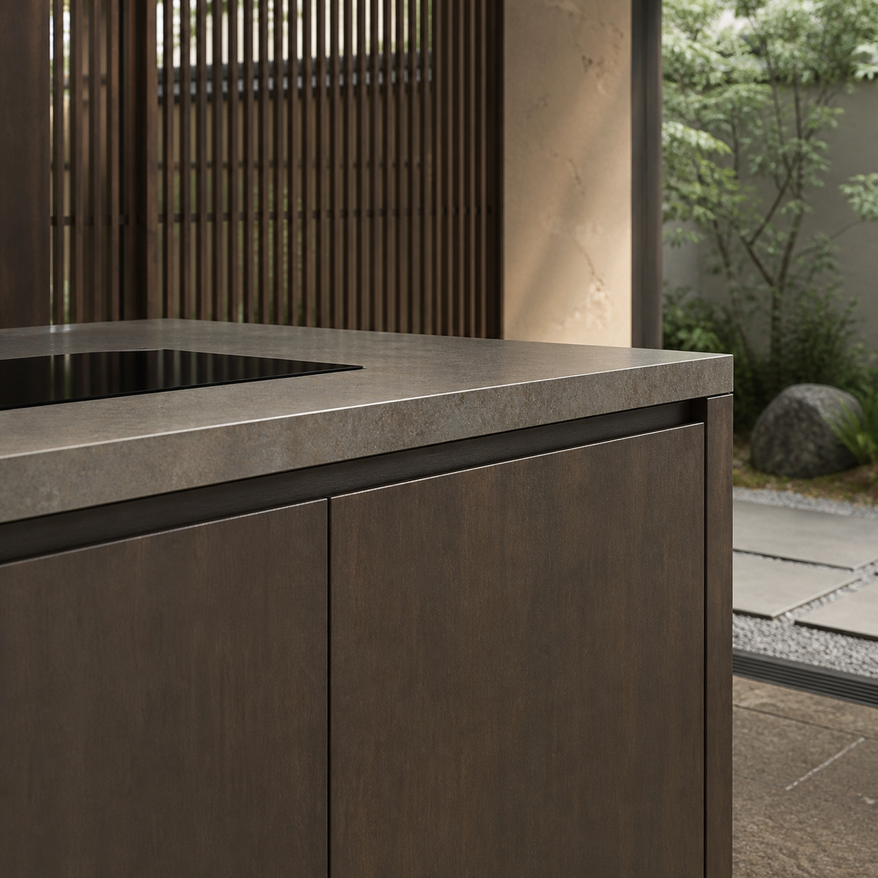 Fadior Horizon Outdoor Kitchen Suite with Tidepool Tasting Counter — close-up of stainless steel finish and hardware detail