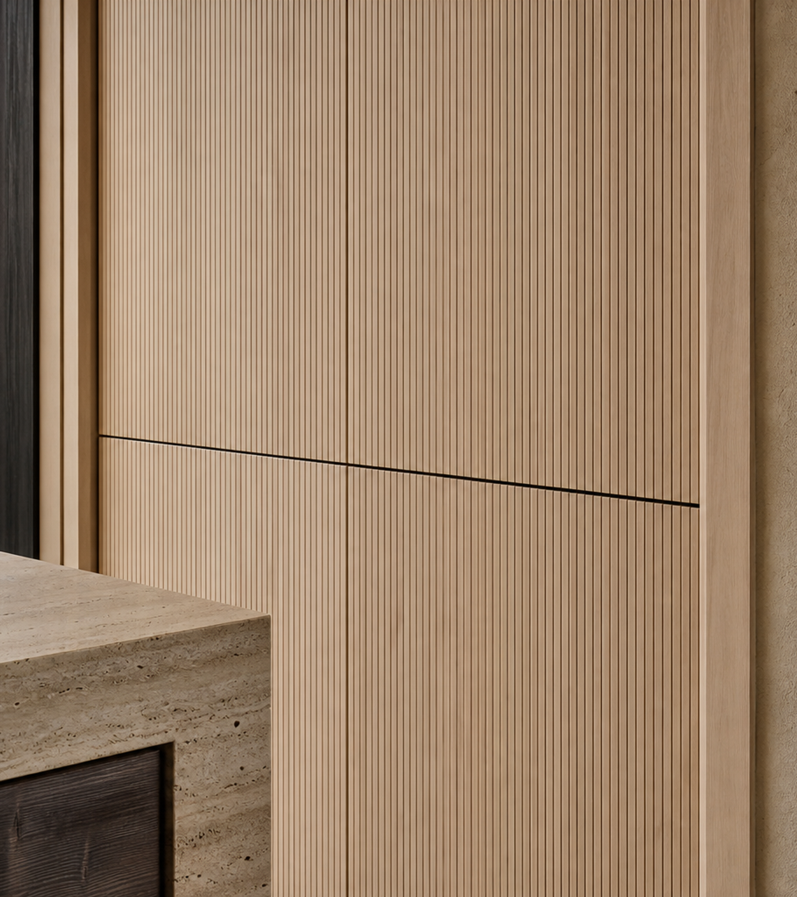 Fadior Riviera Kitchen Suite with Reeded Pantry Lift Bay — close-up of stainless steel finish and hardware detail