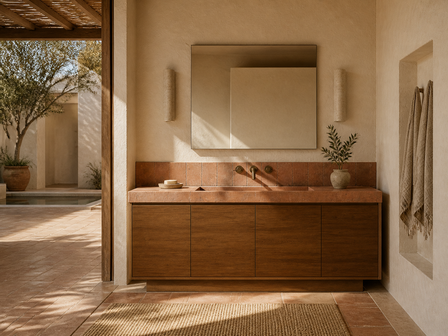 Fadior Voyage Bath Vanity with Lime Plaster Basin Console — interior room context showing cabinet integration