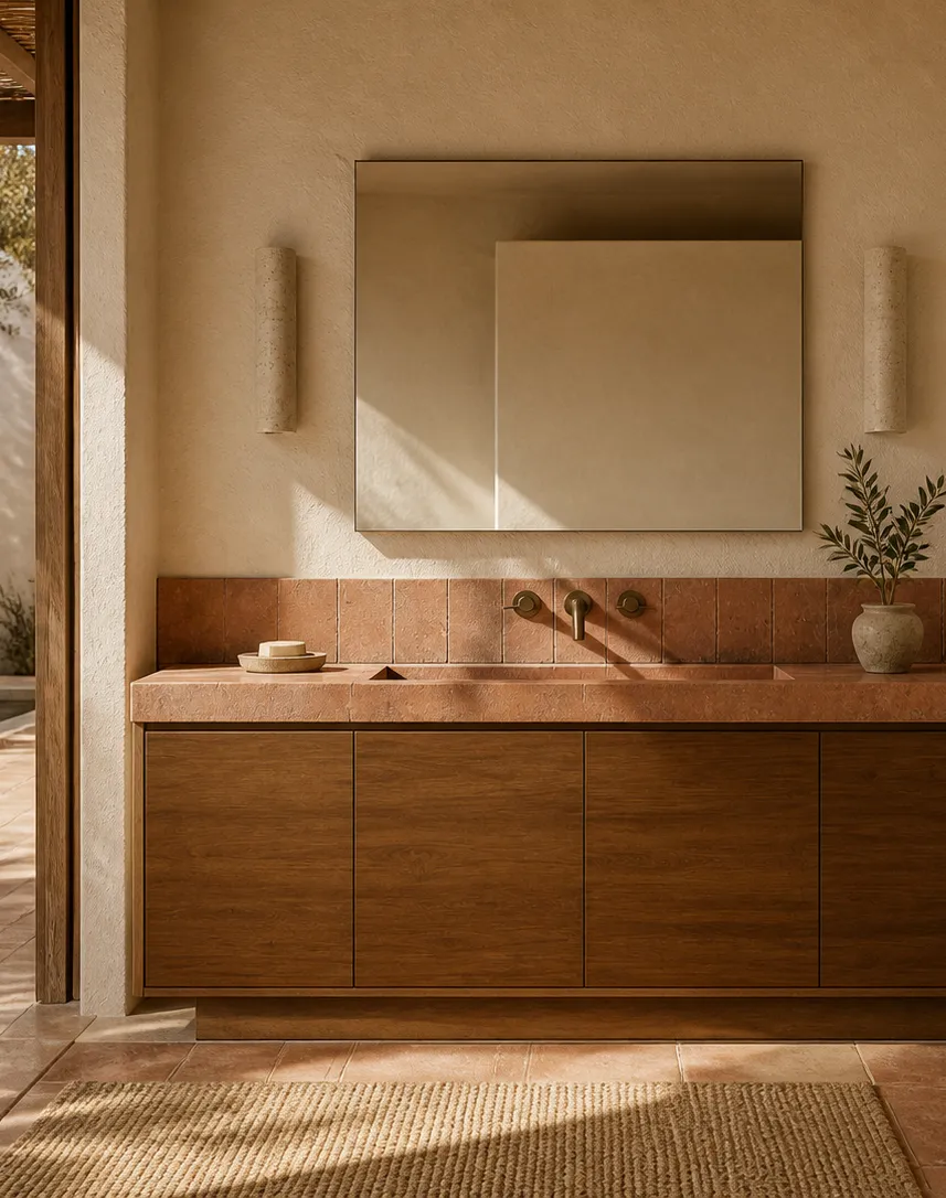 Tocador Voyage Bath con Consola de Lavabo de Yeso de Cal perspectiva interior