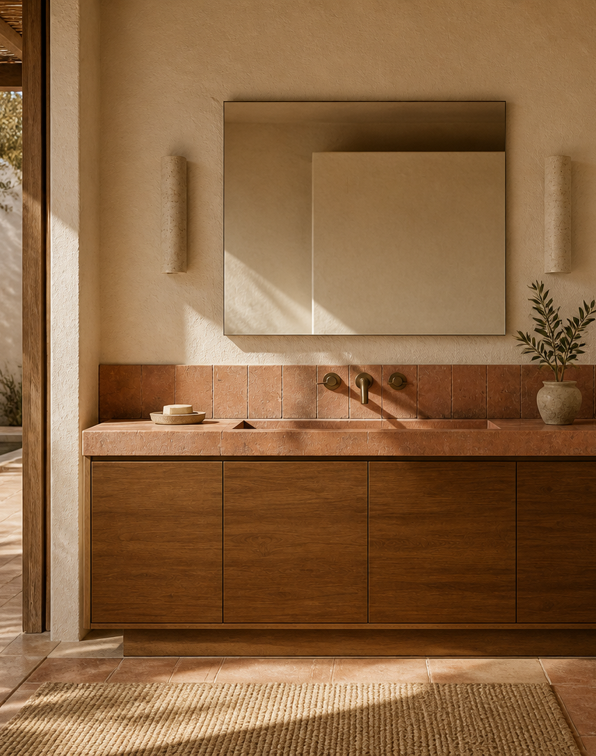 Fadior Voyage Bath Vanity with Lime Plaster Basin Console — interior room context showing cabinet integration