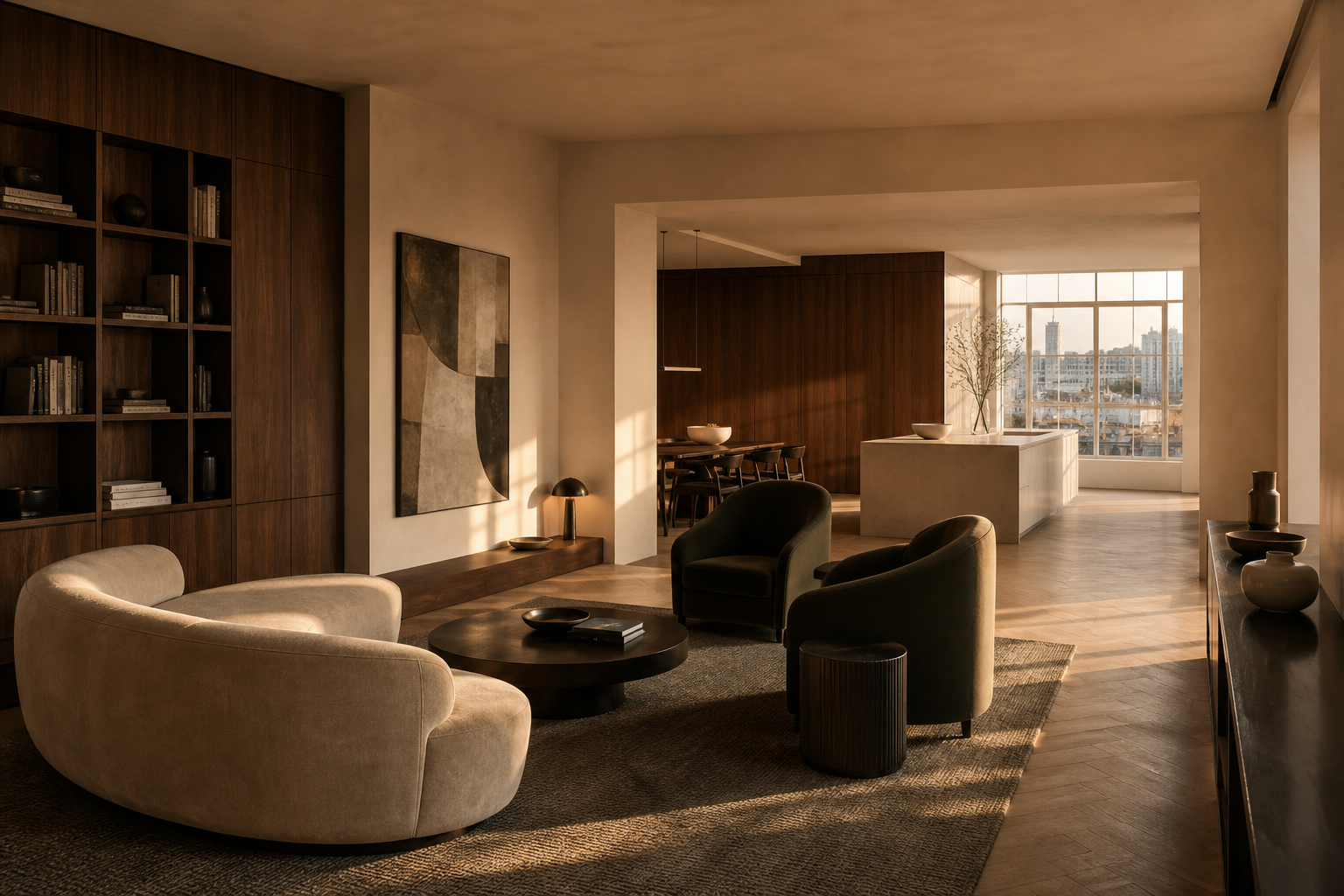 Fadior Milan 140 sqm Kitchen Penthouse — Milan Kitchen Penthouse — island, dining table, sofa, stone, window