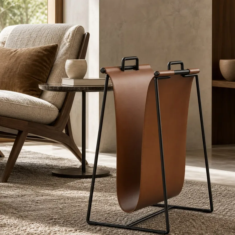 Saddle Leather Carbon Steel Magazine Rack