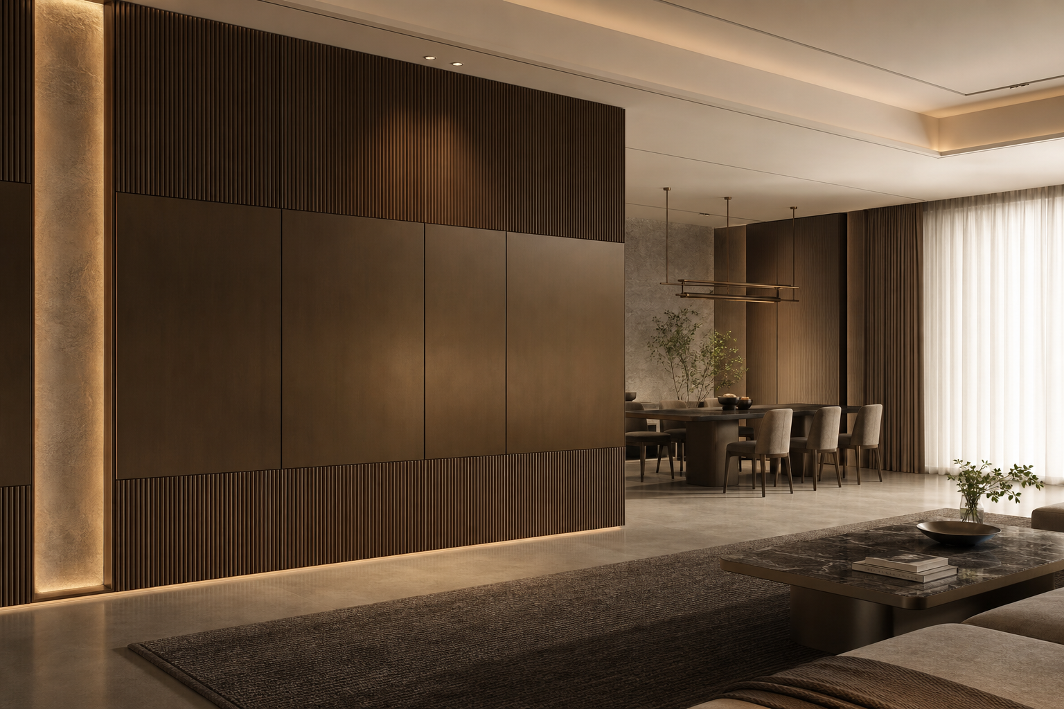 Fadior Miroir Wall Panel Suite with Bronze Shadow Rhythm — interior room context showing cabinet integration