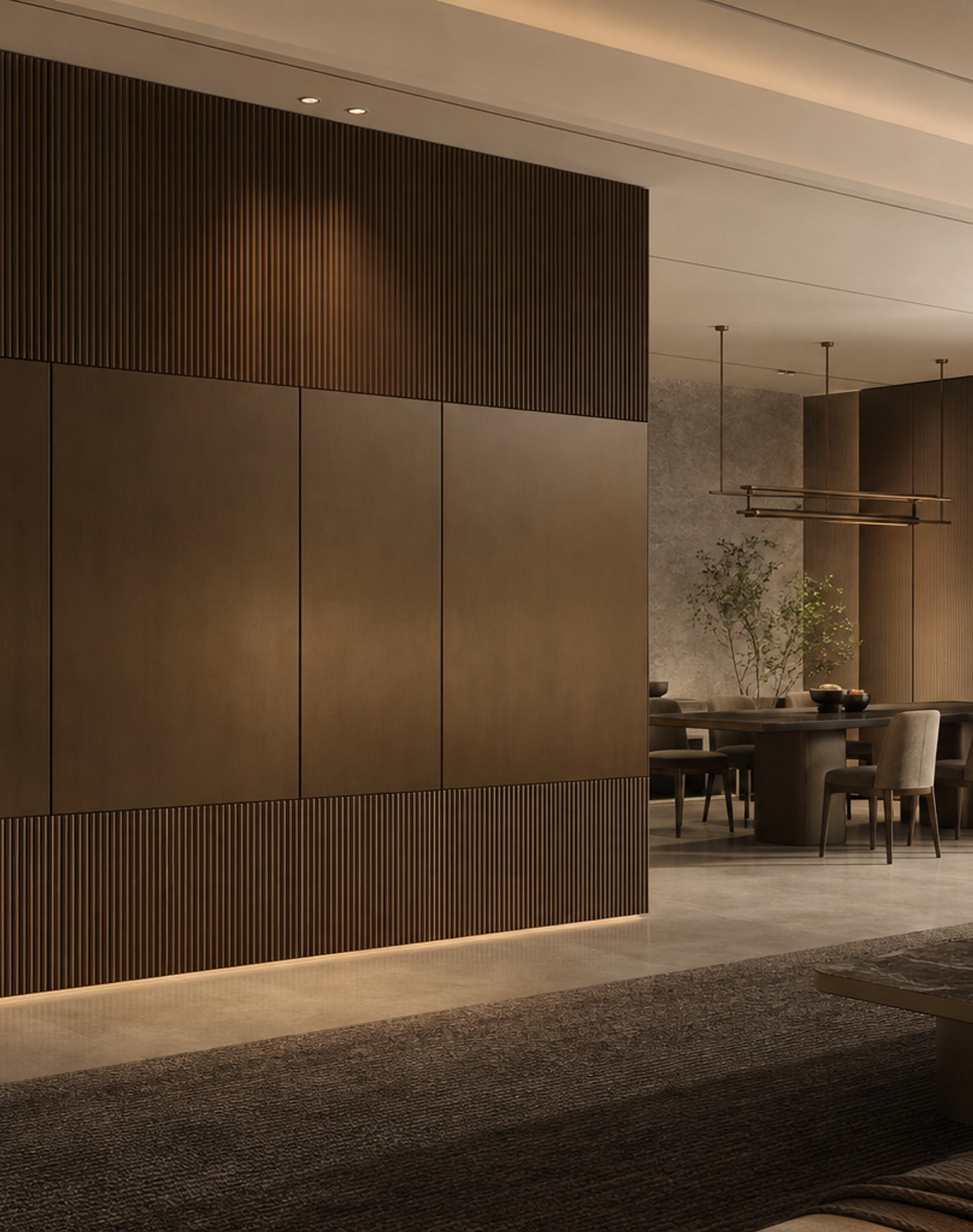 Fadior Miroir Wall Panel Suite with Bronze Shadow Rhythm — interior room context showing cabinet integration