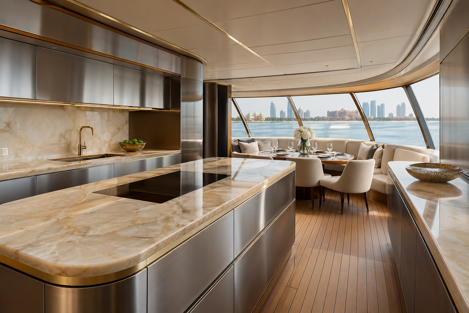 Fadior Gulf Custom Yacht — stainless cabinetry, onyx island, teak floor, dining table, panoramic windows