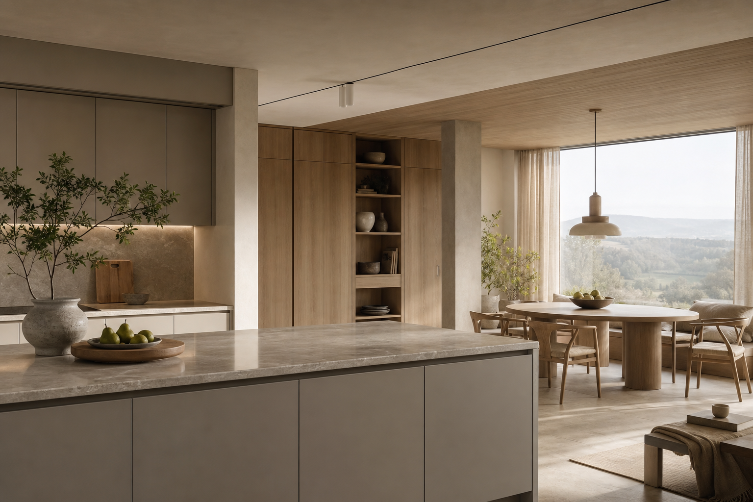 Open kitchen and dining room with warm wood, pale surfaces, and landscape view for luxury home specification planning.