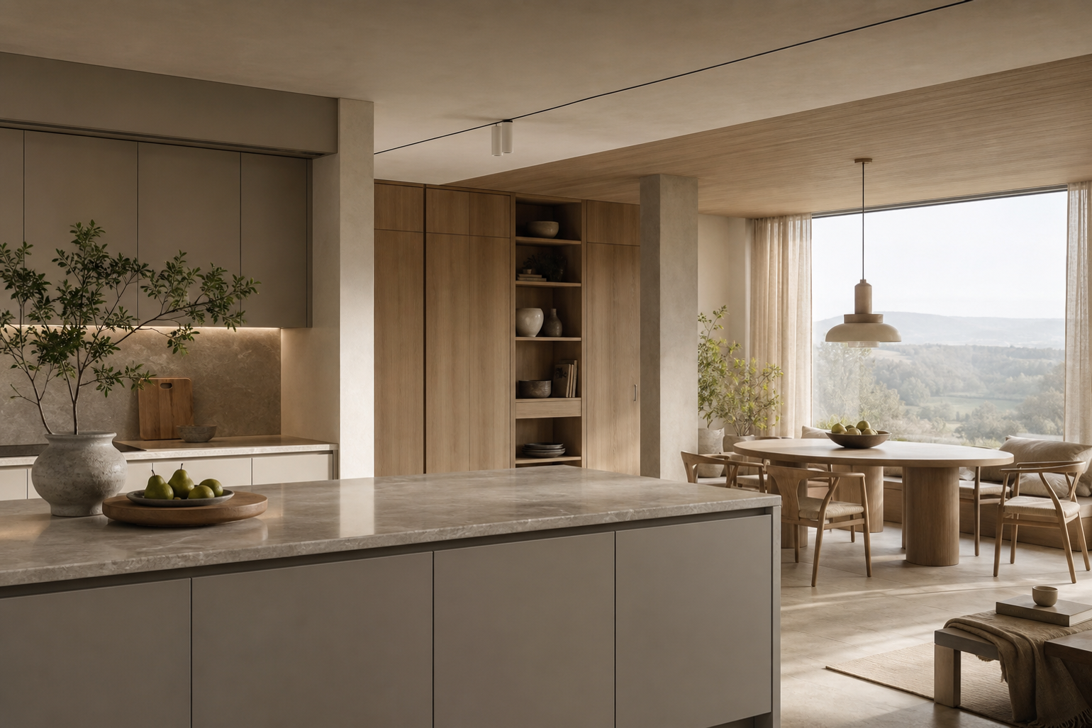 Open kitchen and dining room with warm wood, pale surfaces, and landscape view for luxury home specification planning.