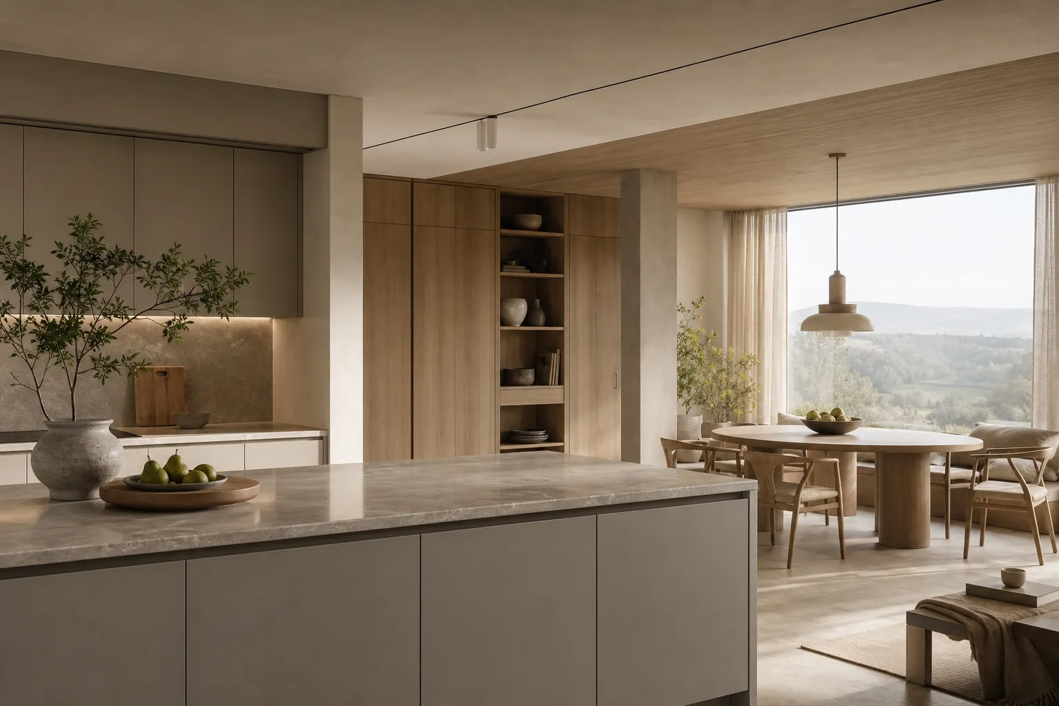 Open kitchen and dining room with warm wood, pale surfaces, and landscape view for luxury home specification planning.