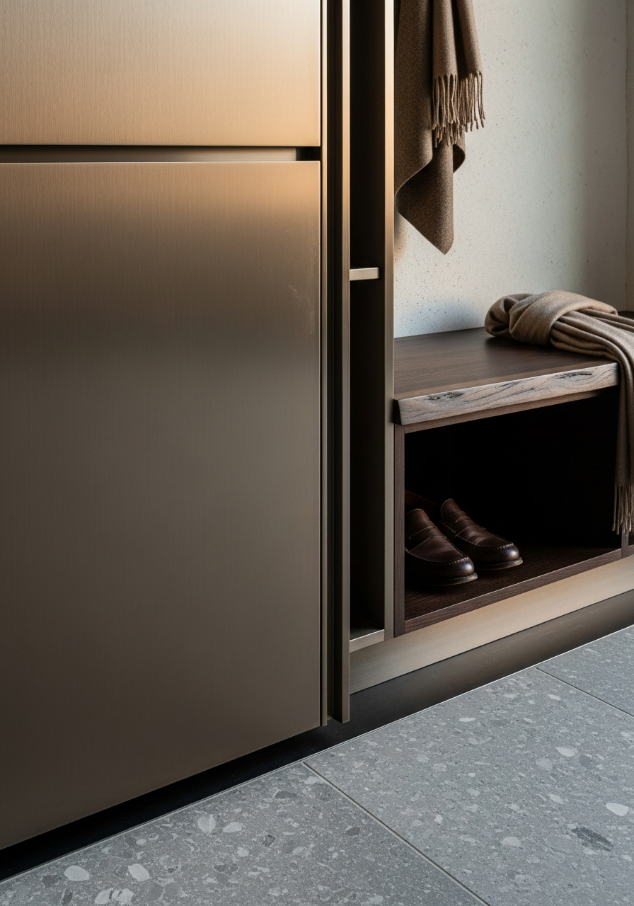 Fadior Archetype Entry Cabinet — close-up of stainless steel finish and hardware detail