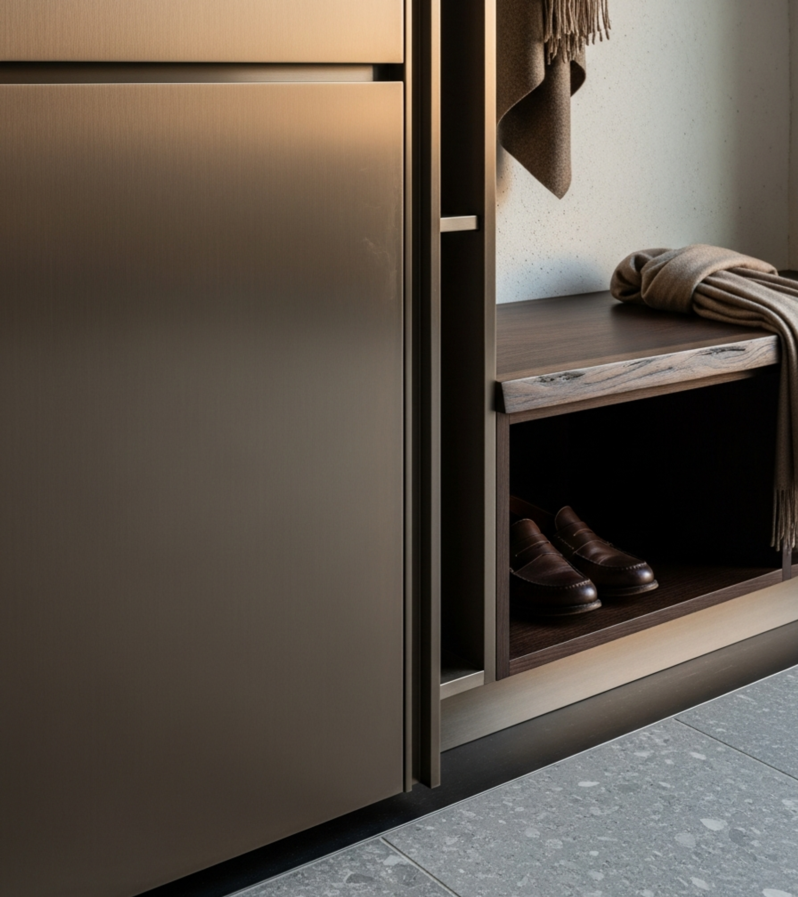 Fadior Archetype Entry Cabinet — close-up of stainless steel finish and hardware detail