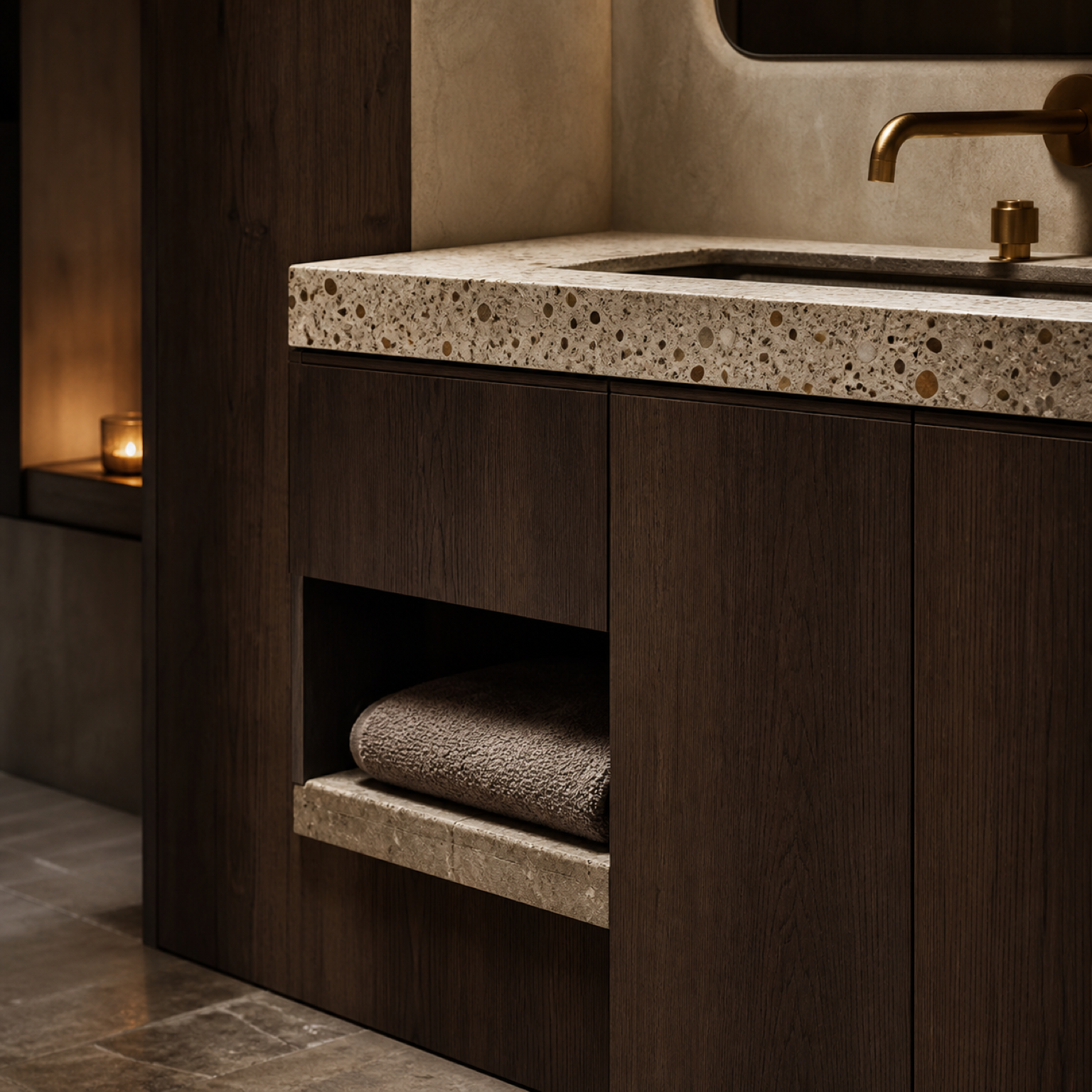 Fadior Solstice Bath and Vanity Suite with Moonstone Sill Towel Alcove — close-up of stainless steel finish and hardware