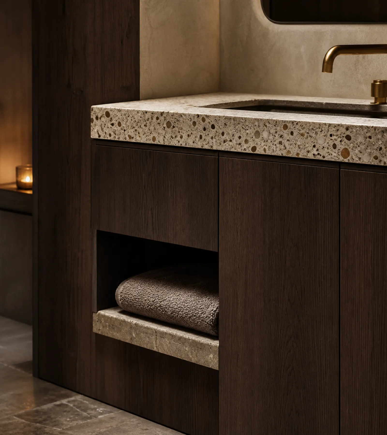 Suite de Baño y Tocador Solstice con Repisa de Piedra Lunar y Hueco para Toallas acabado y detalle
