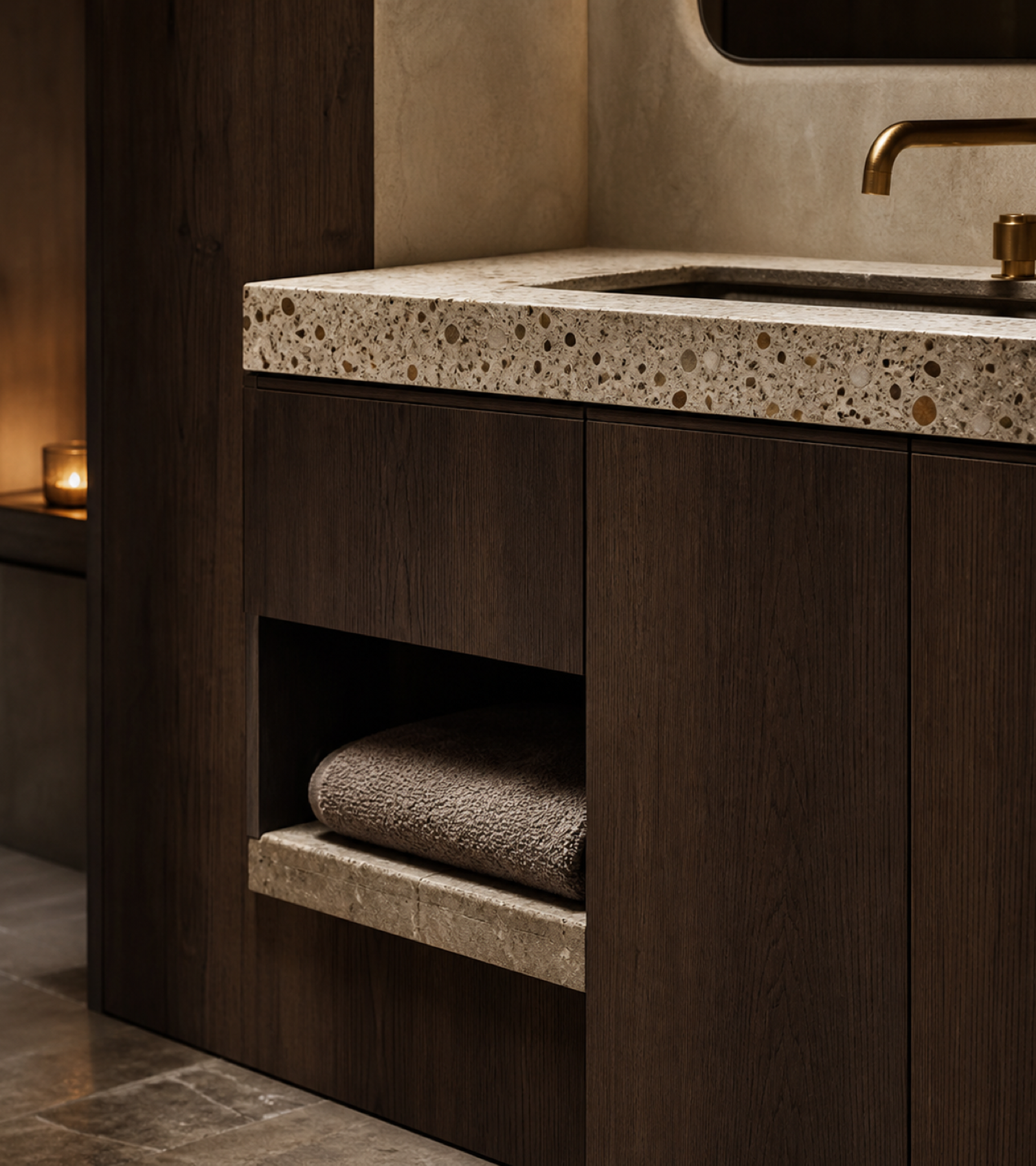 Fadior Solstice Bath and Vanity Suite with Moonstone Sill Towel Alcove — close-up of stainless steel finish and hardware