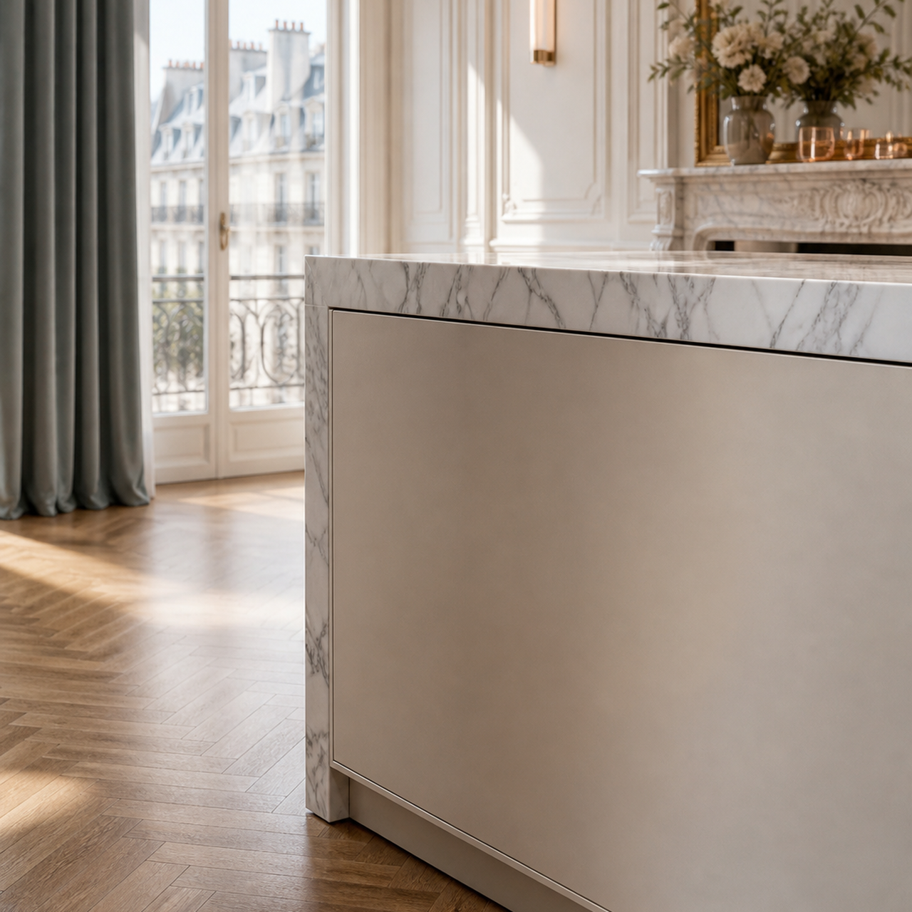 Fadior Solace Kitchen Suite with Sculptural Monolith Island — close-up of stainless steel finish and hardware detail