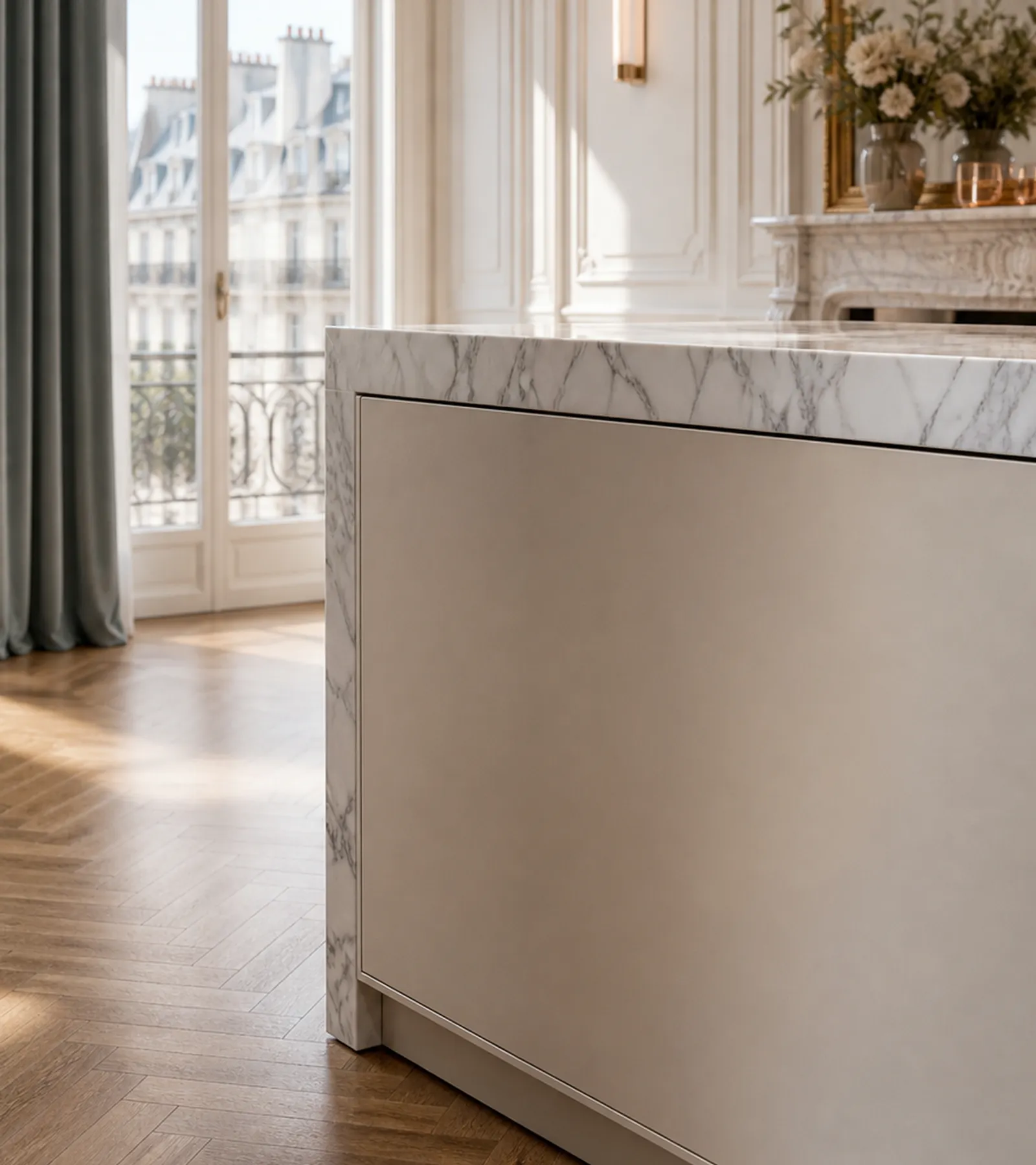 Fadior Solace Kitchen Suite with Sculptural Monolith Island — close-up of stainless steel finish and hardware detail