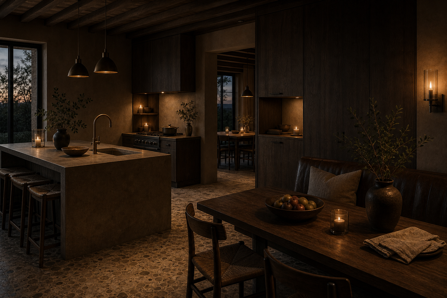 Lifestyle context: warm kitchen and dining room preserving routines after scope decisions.